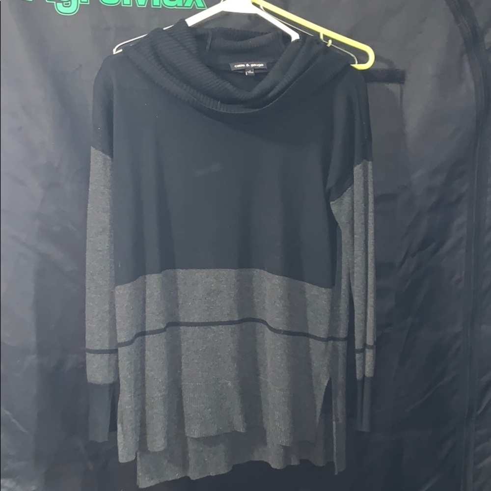 Black and grey long sweater with cowl neck